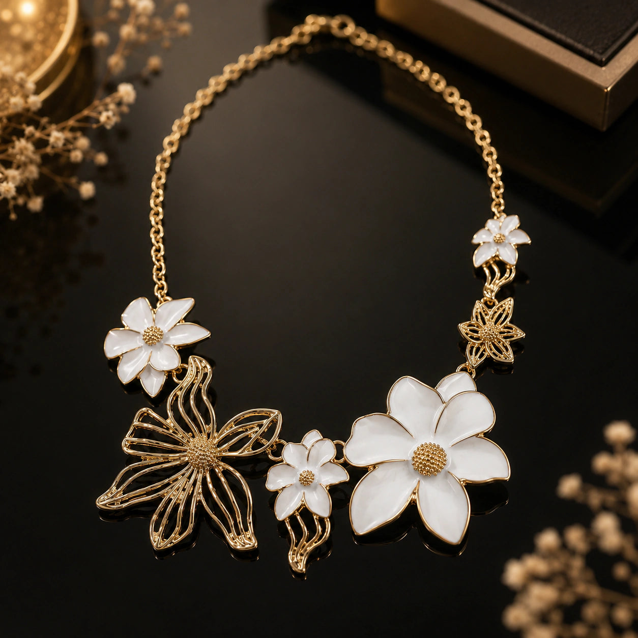 Open-collar view of the gold white floral Hasali structure