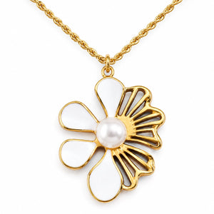 Gold-tone white floral pearl-style pendant necklace