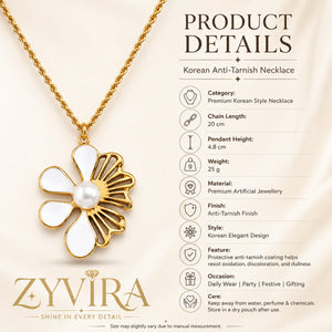 Product details card for the gold white floral pearl necklace