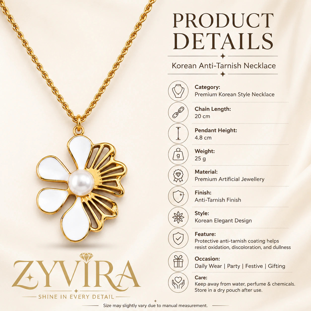 Product details card for the gold white floral pearl necklace