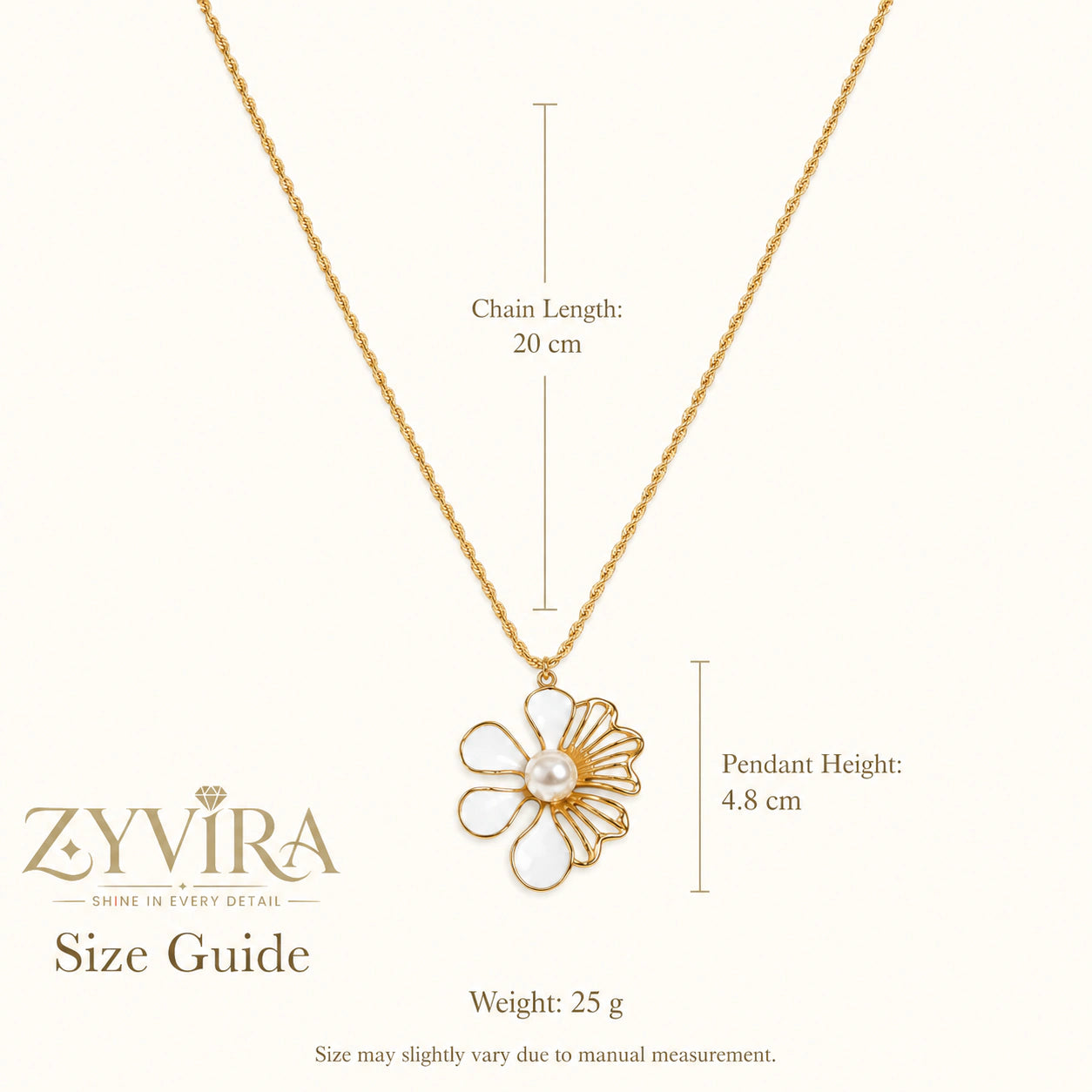 Size guide showing the proportions of the white floral necklace