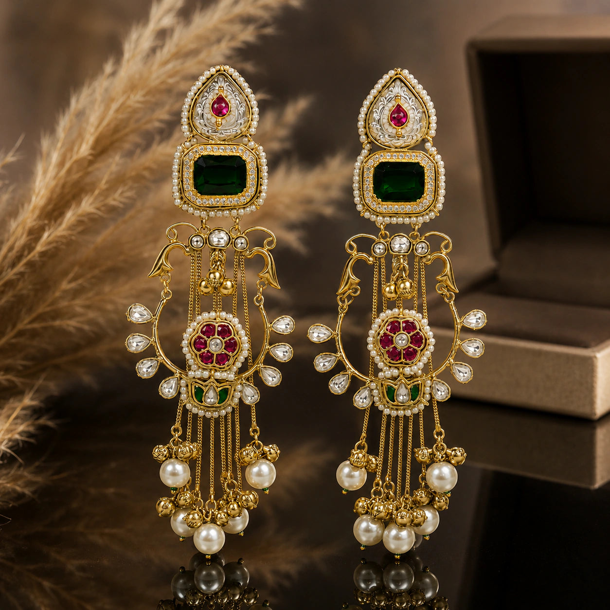 Long green-stone Kundan-style earrings on a glossy dark reflective jewellery display
