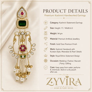 Product details card for long gold-tone green-stone Kundan-style earrings