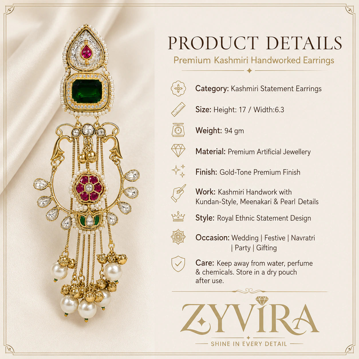 Product details card for long gold-tone green-stone Kundan-style earrings