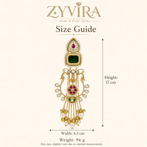 Size guide showing the long statement proportions of green-stone Kundan-style earrings