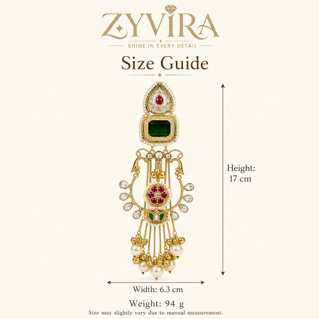 Size guide showing the long statement proportions of green-stone Kundan-style earrings