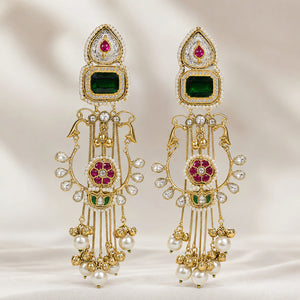 Kashmiri gold-tone green-stone Kundan-style long statement earrings
