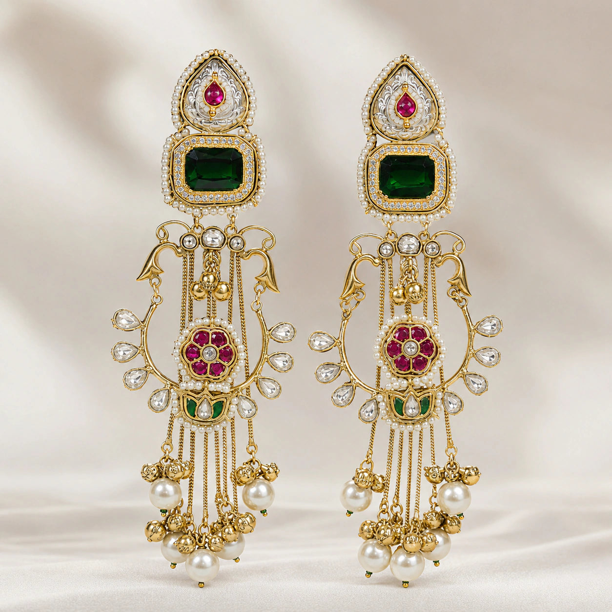Kashmiri gold-tone green-stone Kundan-style long statement earrings
