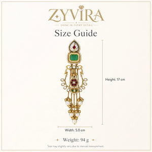 Close-up ear view showing the layered drops of green-stone chandelier earrings