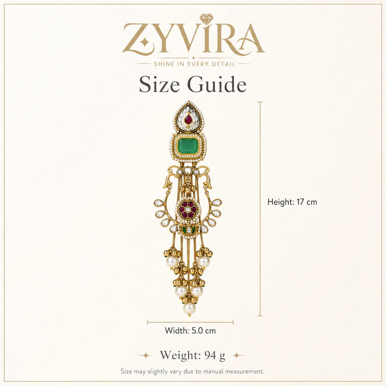 Close-up ear view showing the layered drops of green-stone chandelier earrings