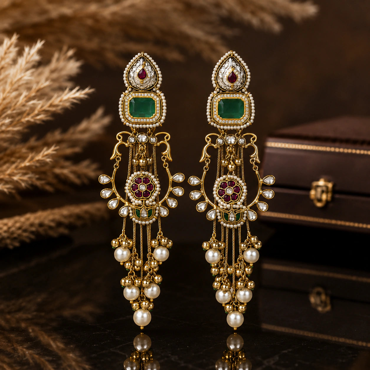 Green-stone pearl chandelier earrings on a glossy dark reflective jewellery display