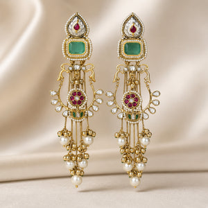 Kashmiri gold-tone green-stone pearl chandelier earrings