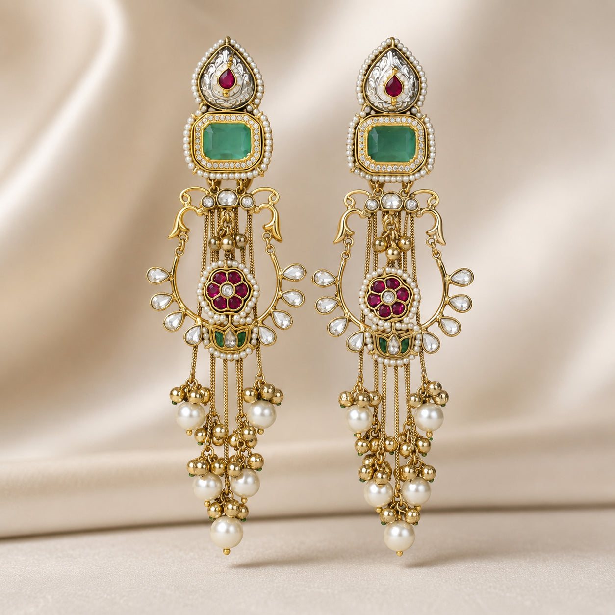 Kashmiri gold-tone green-stone pearl chandelier earrings