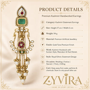 Product details card for gold-tone green-stone chandelier earrings with pearl-style beads