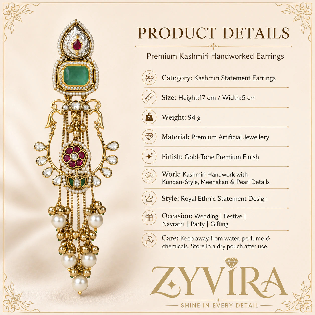 Product details card for gold-tone green-stone chandelier earrings with pearl-style beads