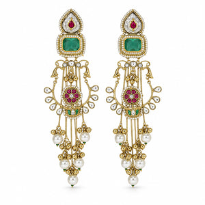 Size guide showing the statement proportions of green-stone pearl chandelier earrings