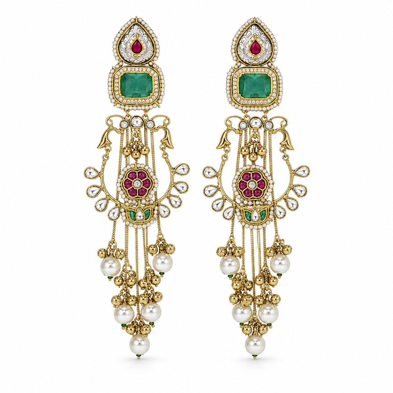 Size guide showing the statement proportions of green-stone pearl chandelier earrings