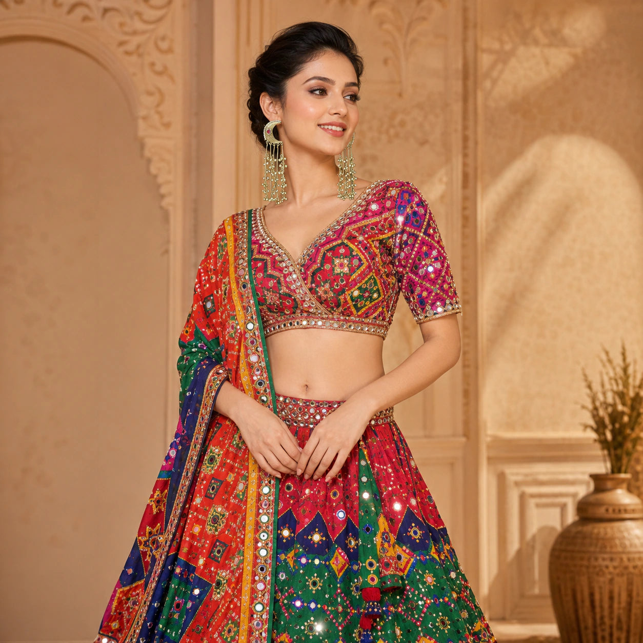 Gold-tone Kundan-style chandbali statement earrings worn by a model