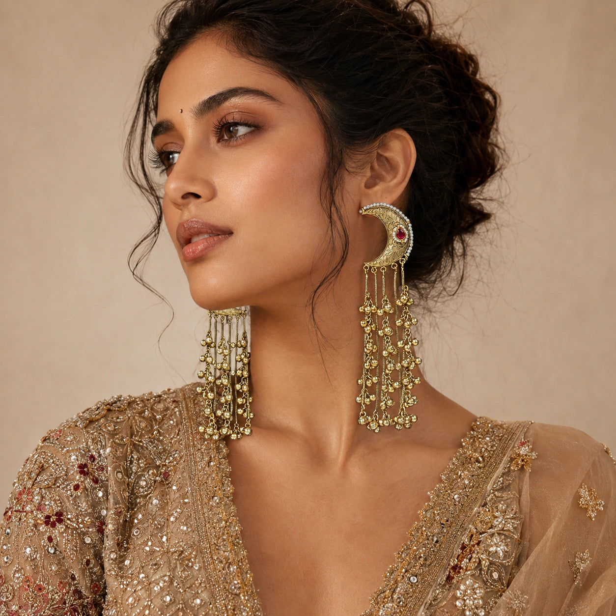 Kashmiri gold-tone Kundan-style chandbali earrings