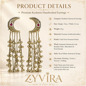 Product details card for gold-tone Kundan-style chandbali earrings