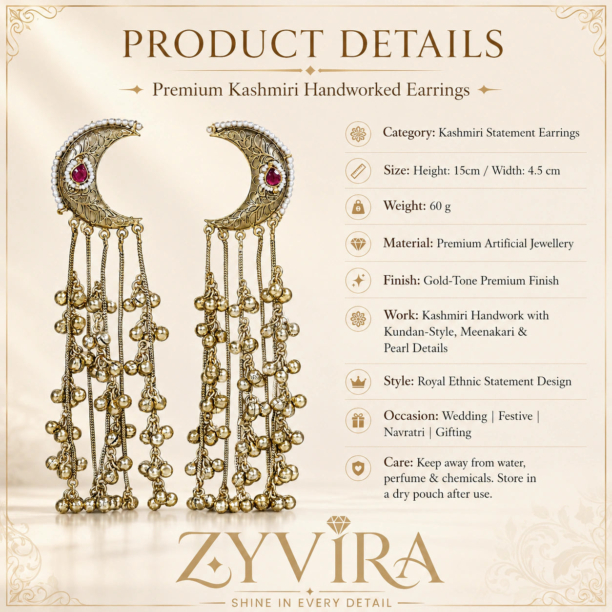 Product details card for gold-tone Kundan-style chandbali earrings