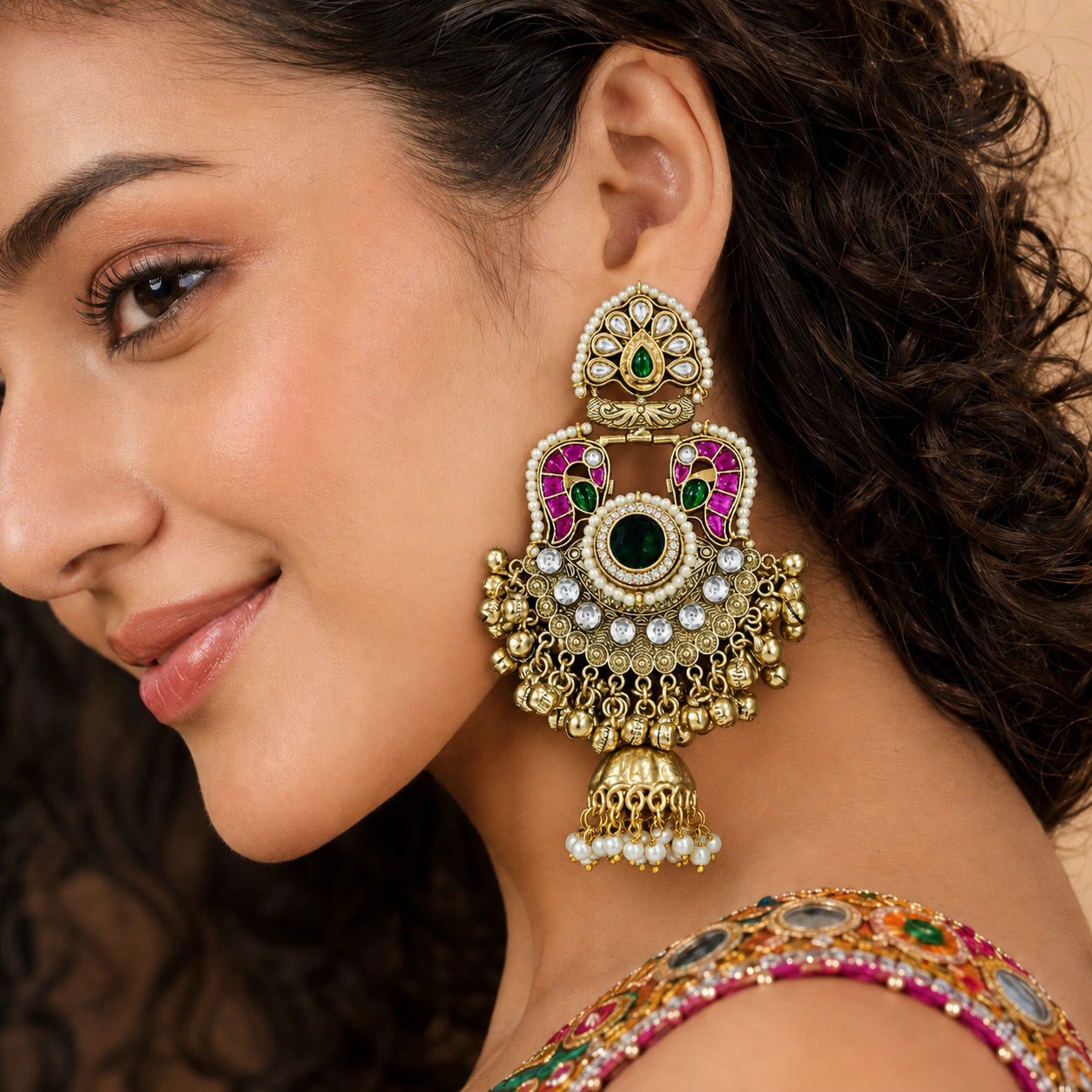 Gold-tone Kundan-style pearl jhumka earrings on a dark reflective jewellery display