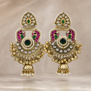Kashmiri gold-tone Kundan Meenakari pearl jhumka earrings