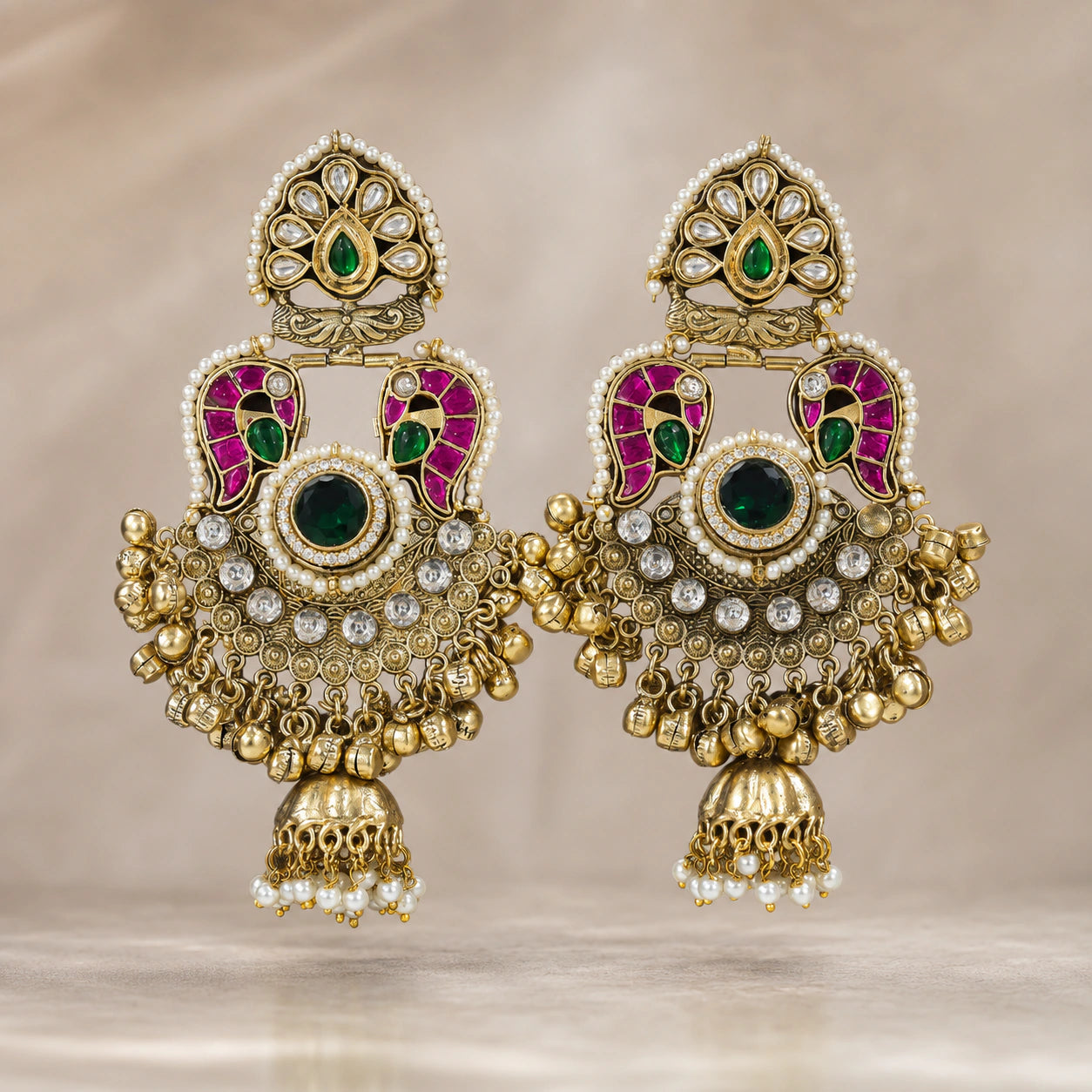 Kashmiri gold-tone Kundan Meenakari pearl jhumka earrings