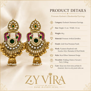 Product details card for gold-tone Kundan-style Meenakari pearl jhumka earrings