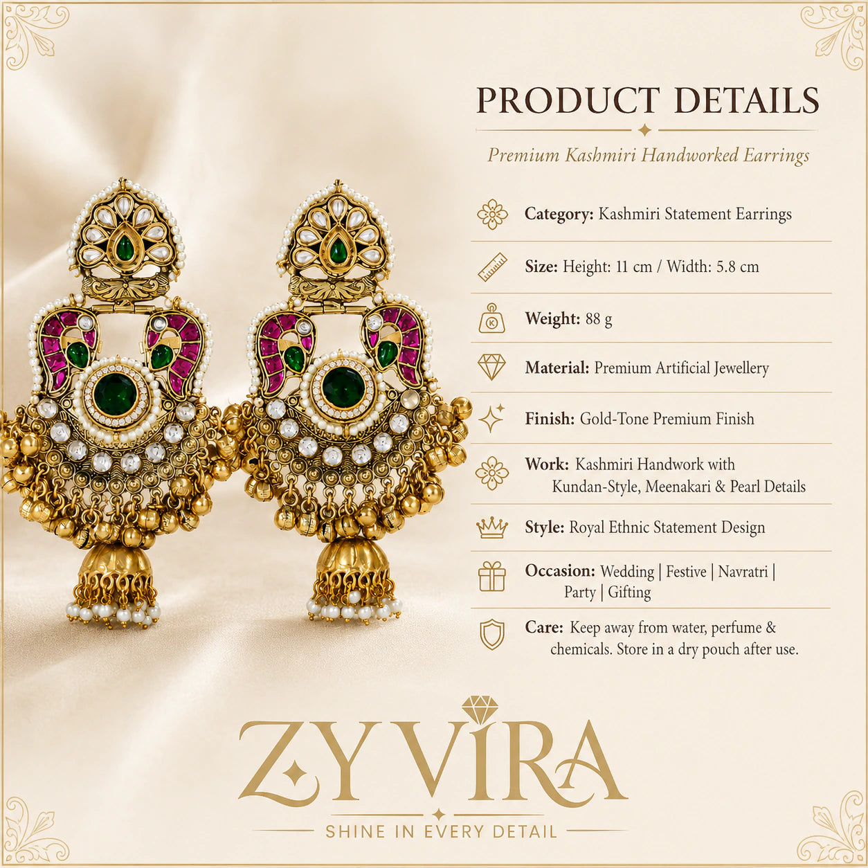 Product details card for gold-tone Kundan-style Meenakari pearl jhumka earrings