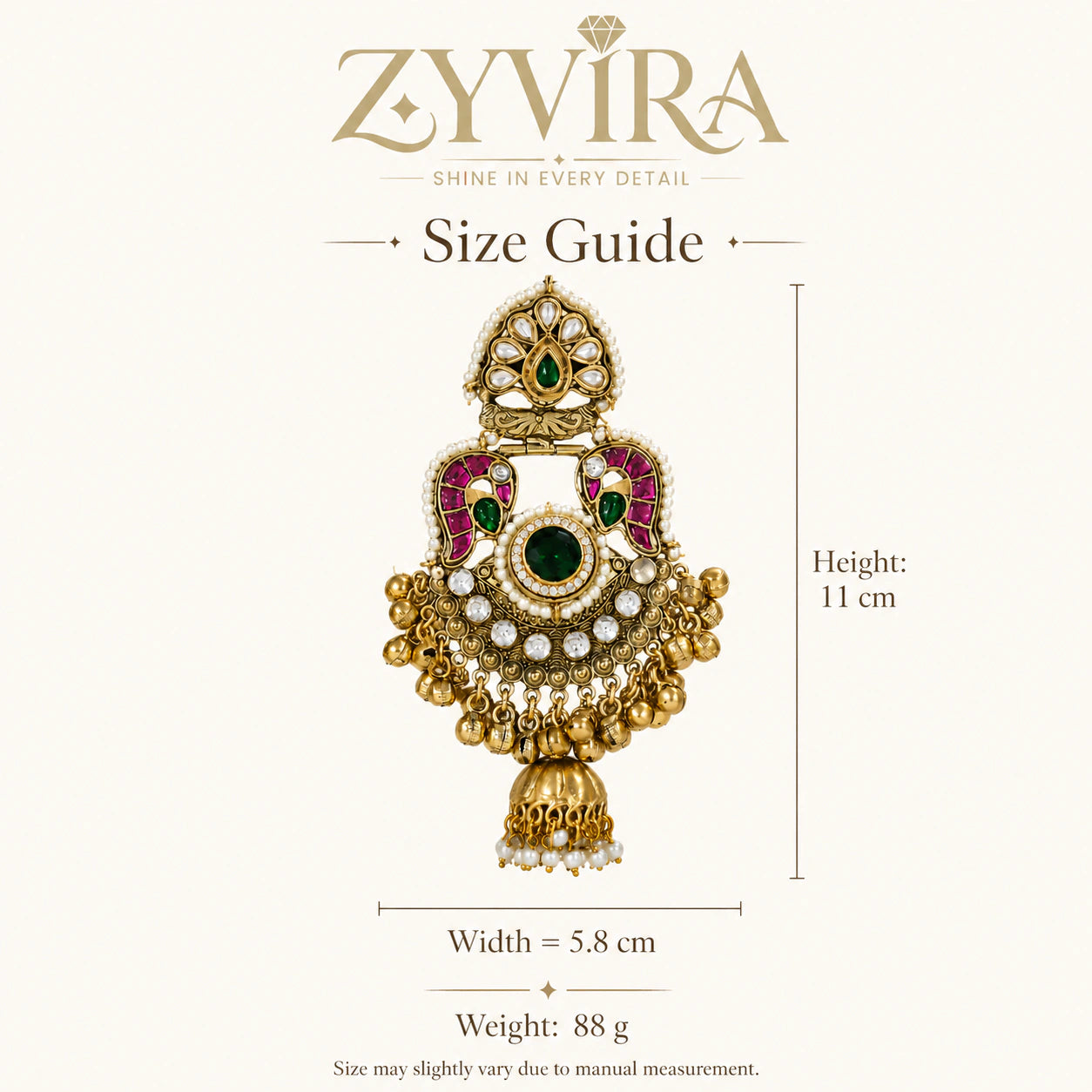Size guide showing the statement proportions of Kundan-style Meenakari jhumka earrings