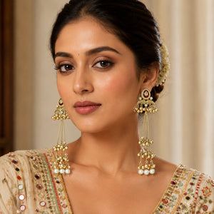 Close-up of Kundan-style stones, pearl-style drops and chandelier detailing