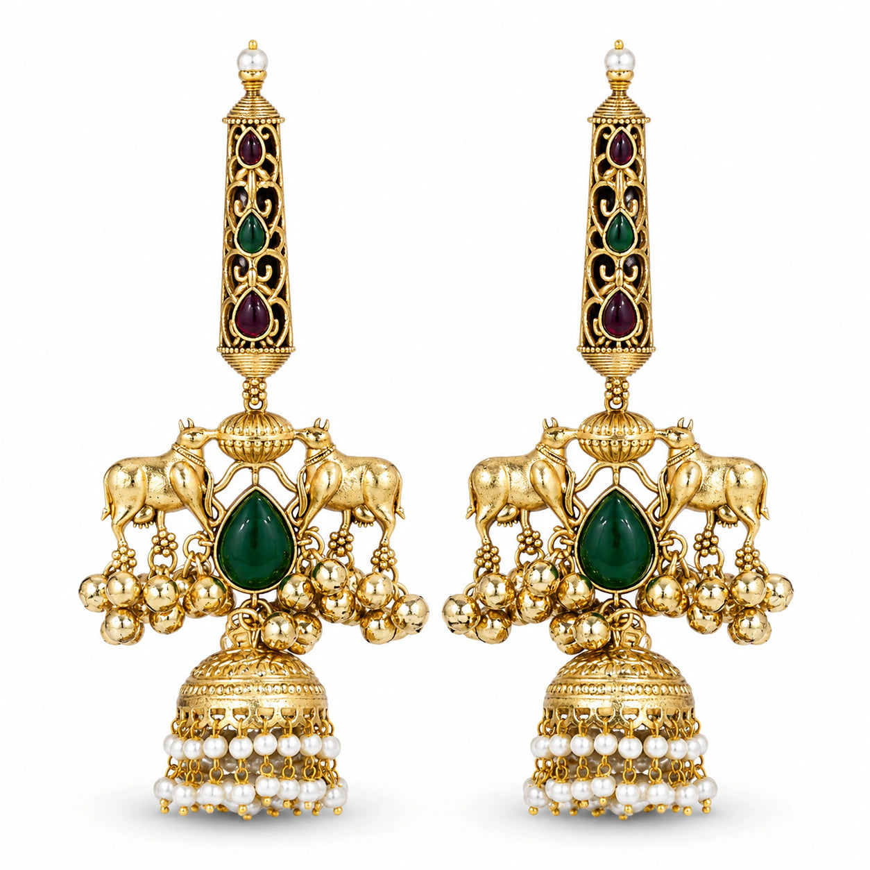 Angled view of gold-tone Kundan pearl jhumka earrings with layered drops