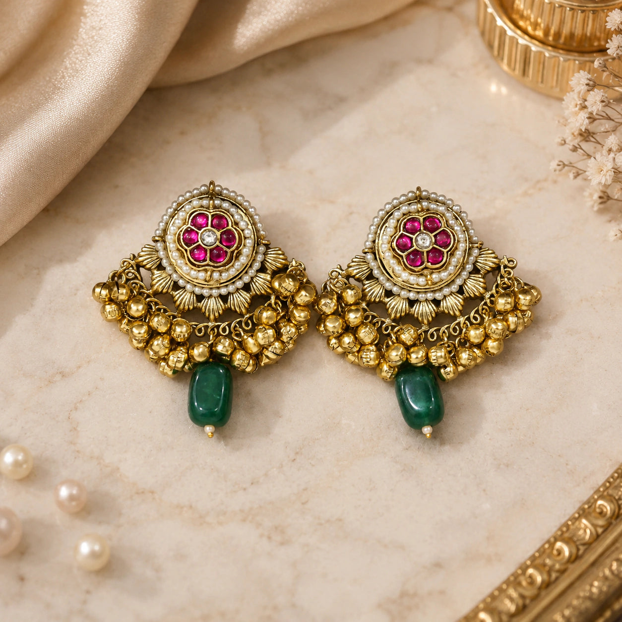 Close-up ear view showing the pearl-style drops and jhumka profile