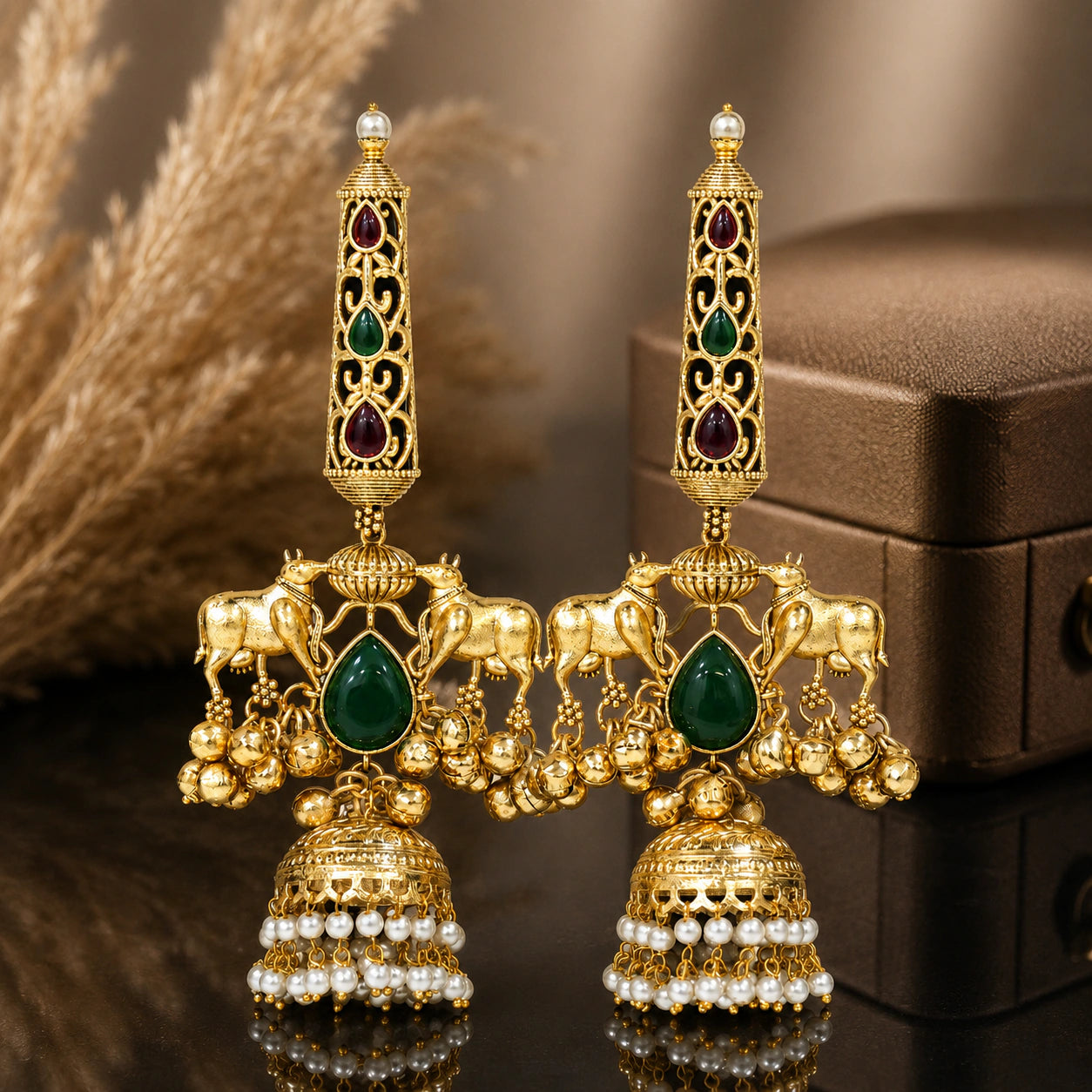 Gold-tone Kundan pearl jhumka earrings on a glossy dark reflective jewellery display
