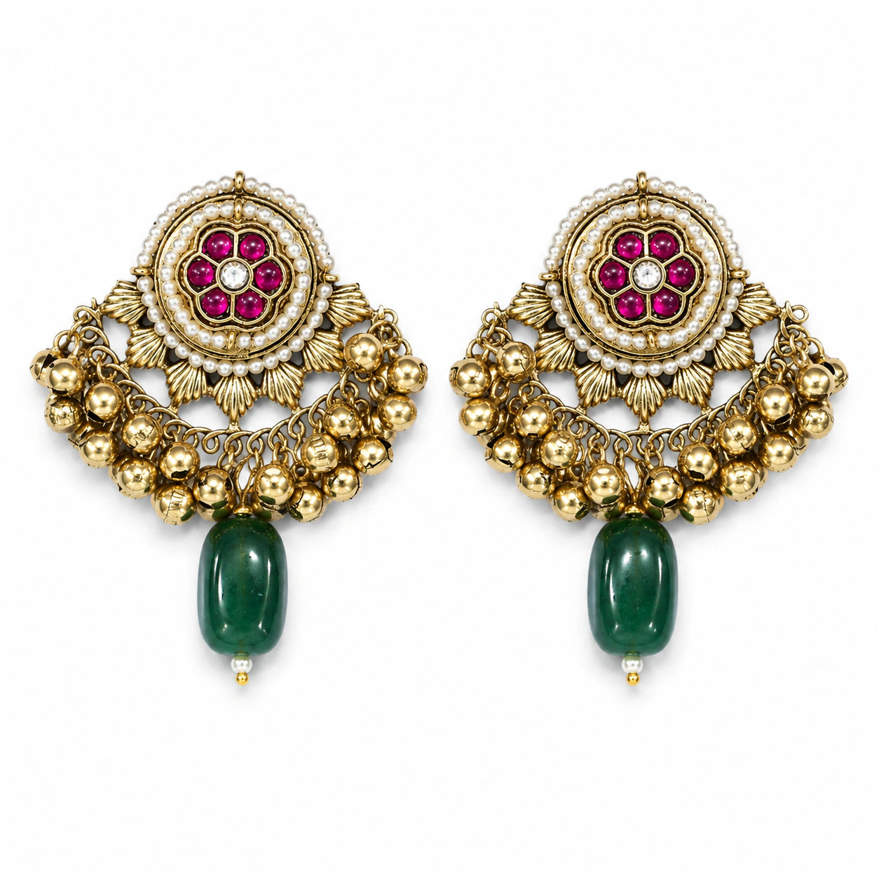 Gold-tone Kundan pearl jhumka earrings worn by a model