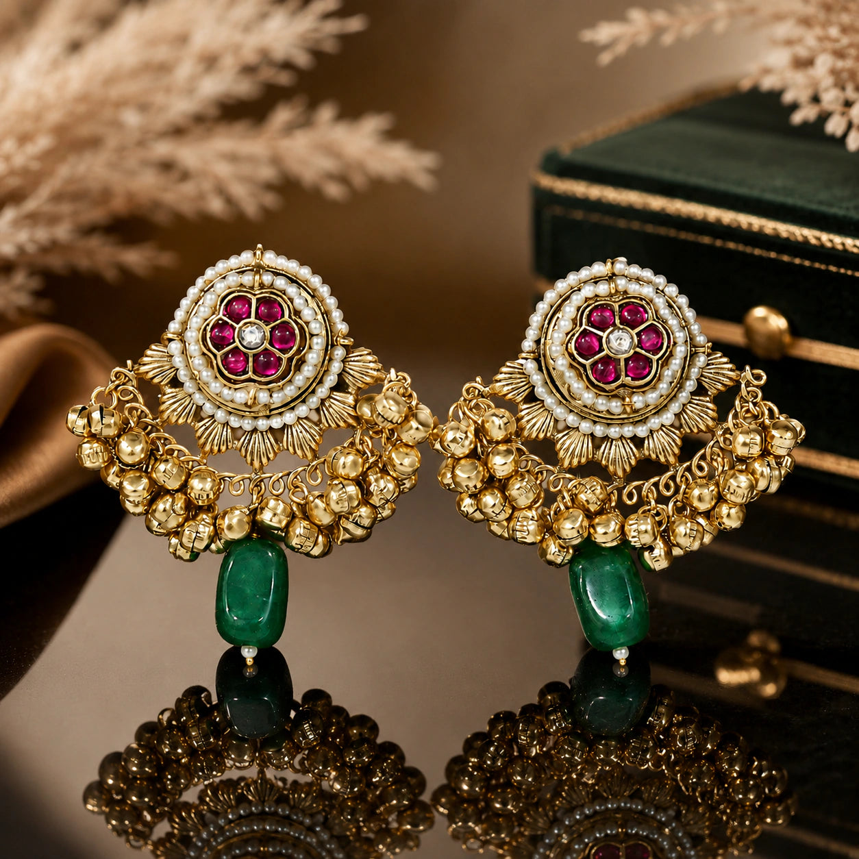 Kashmiri gold-tone Kundan pearl jhumka earrings