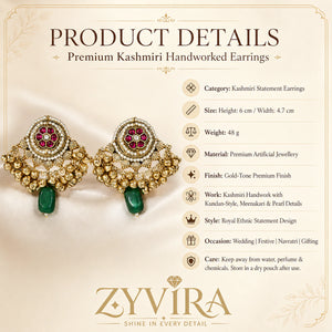 Product details card for gold-tone Kundan jhumka earrings with pearl-style accents