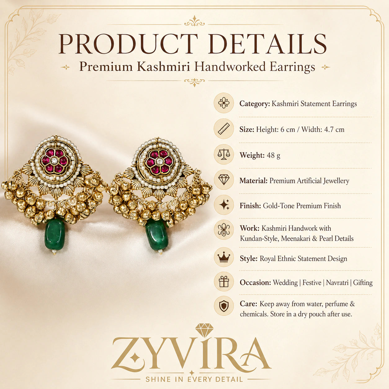 Product details card for gold-tone Kundan jhumka earrings with pearl-style accents