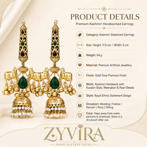 Product details card for gold-tone Kundan jhumka earrings with pearl-style drops