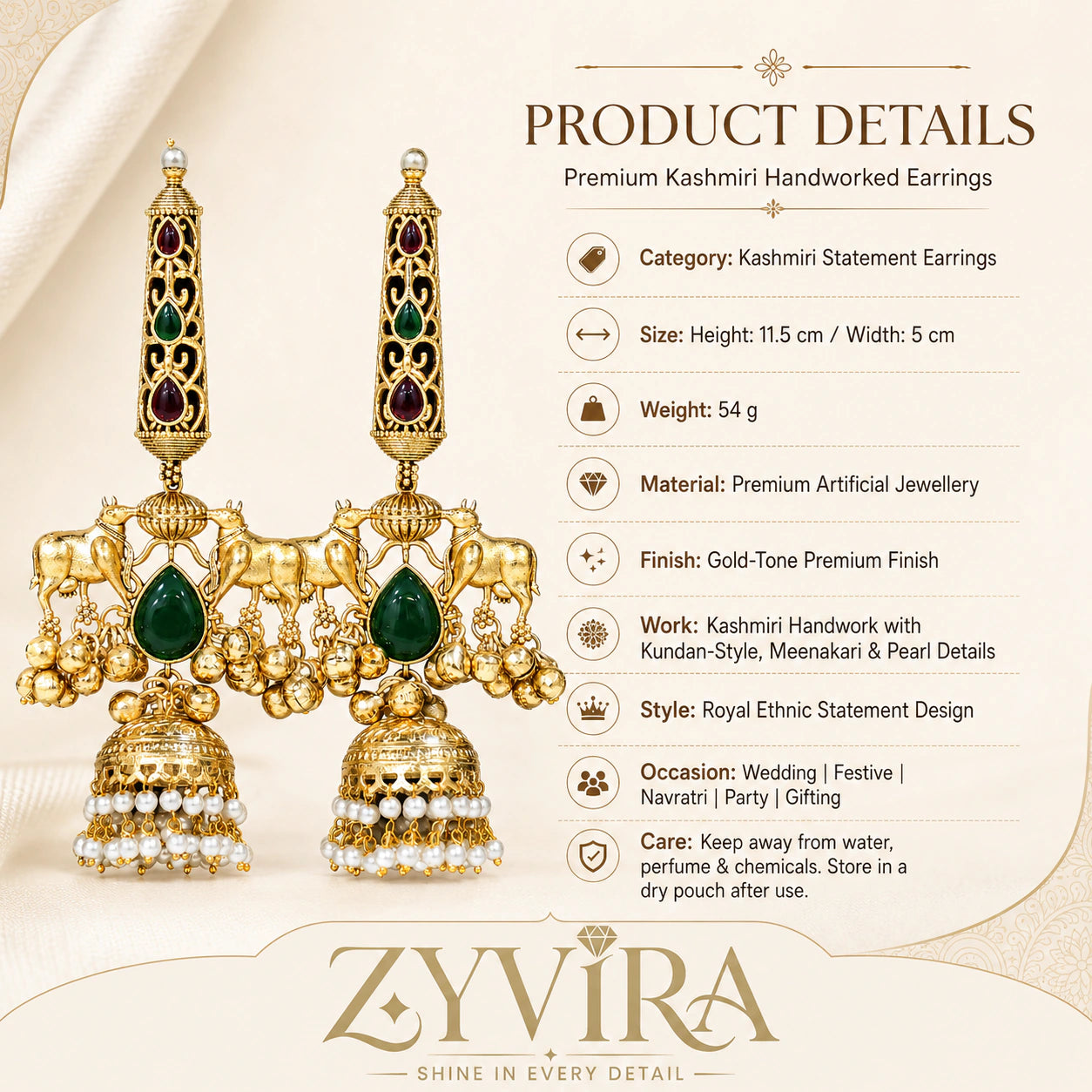 Product details card for gold-tone Kundan jhumka earrings with pearl-style drops