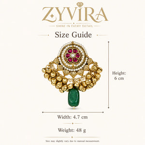 Size guide showing the proportions of gold-tone Kundan pearl jhumka earrings