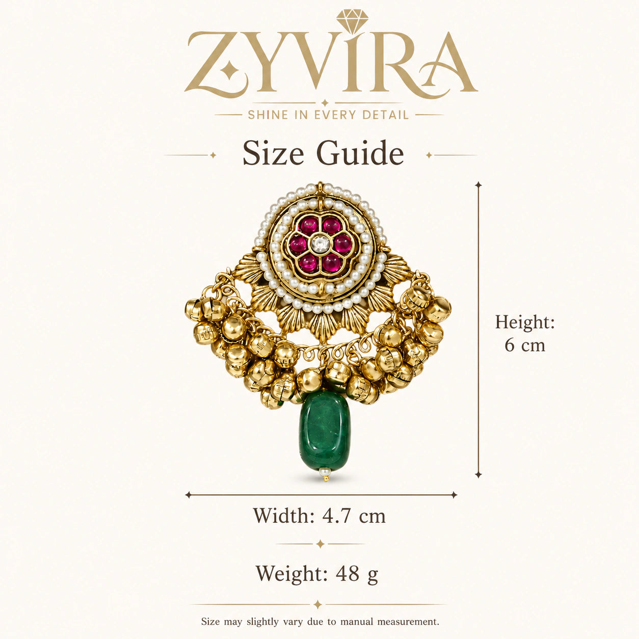 Size guide showing the proportions of gold-tone Kundan pearl jhumka earrings
