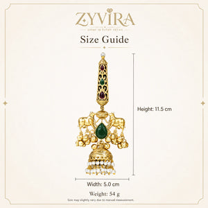 Size guide showing the proportions of gold-tone Kundan pearl jhumka earrings