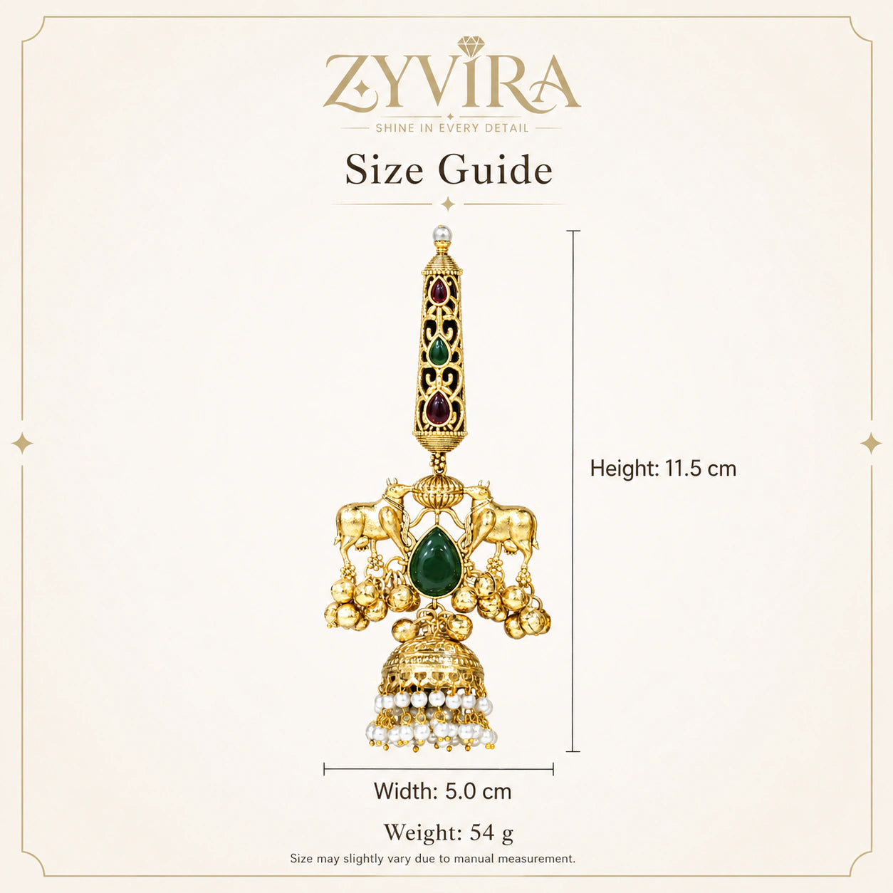 Size guide showing the proportions of gold-tone Kundan pearl jhumka earrings
