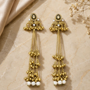 Alternate product view of gold-tone Kundan-style earrings with pearl tassels