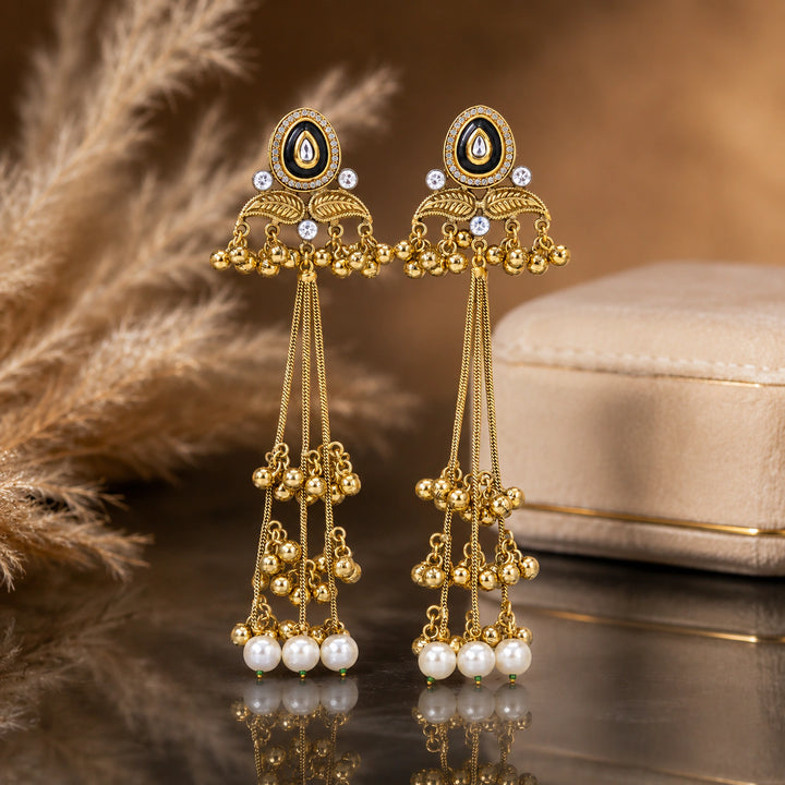 Kashmiri gold-tone Kundan-style pearl-style tassel earrings