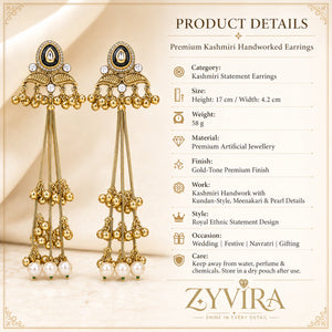 Product details card for gold-tone Kundan-style earrings with pearl-style tassels