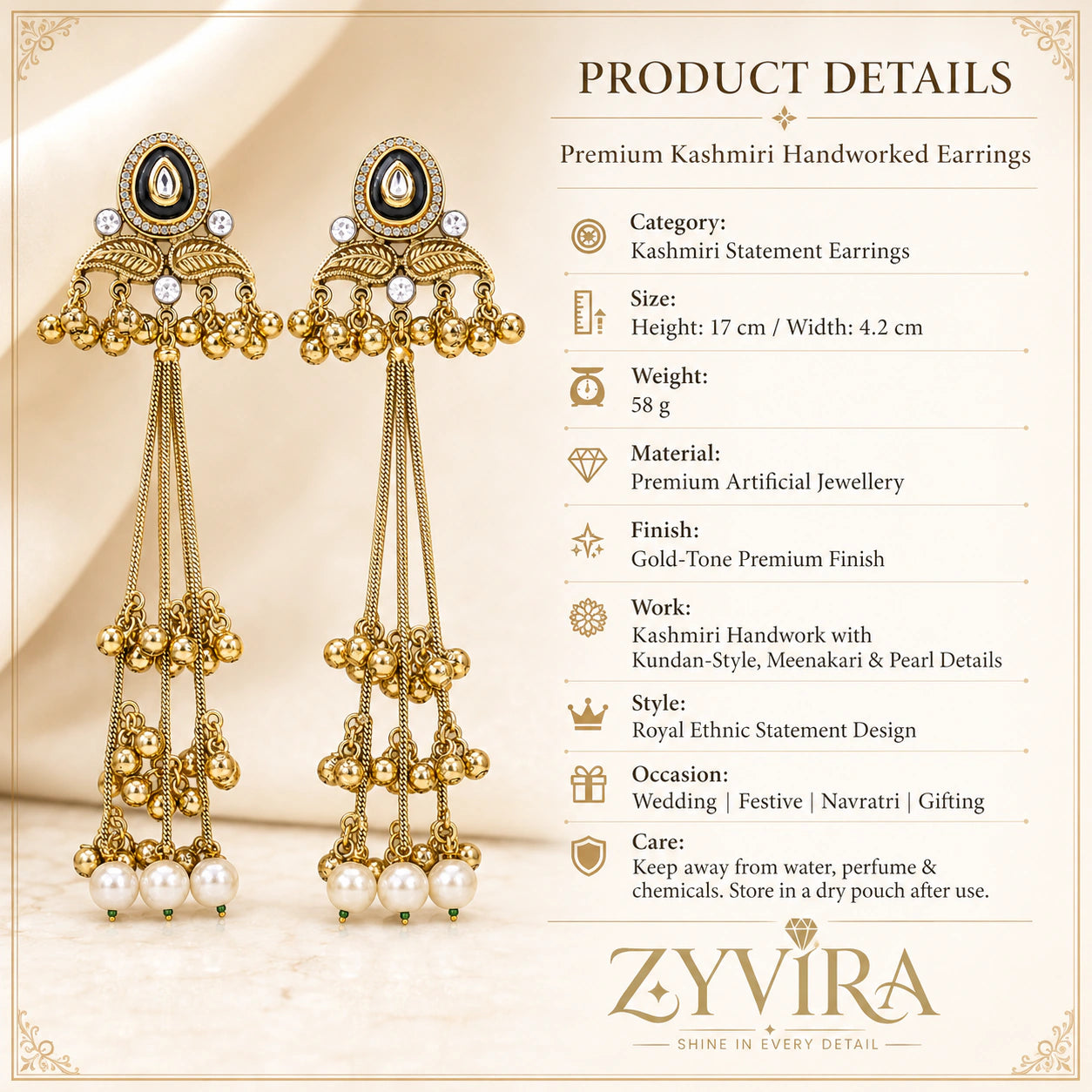 Product details card for gold-tone Kundan-style earrings with pearl-style tassels