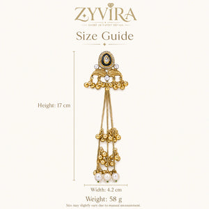 Size guide showing the statement proportions of Kundan-style pearl tassel earrings